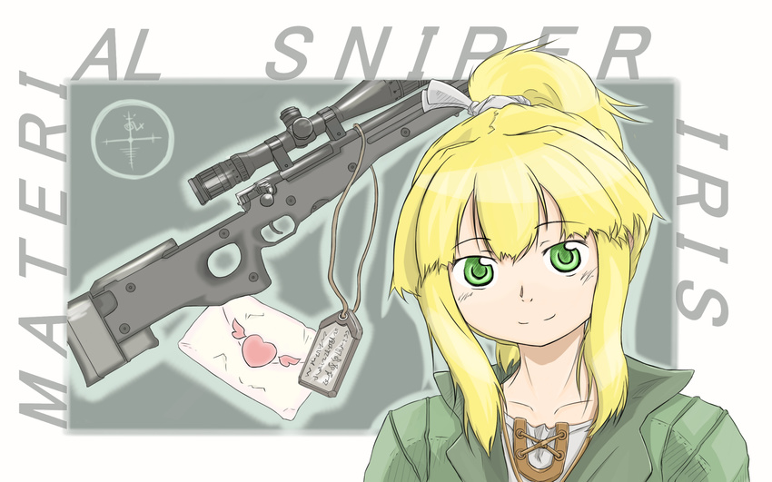 ai_arctic_warfare blonde_hair blush bolt_action character_name dog_tags green_eyes gun highres iris_(material_sniper) letter love_letter material_sniper ponytail raju reticule rifle scrunchie smile sniper_rifle solo text_focus weapon