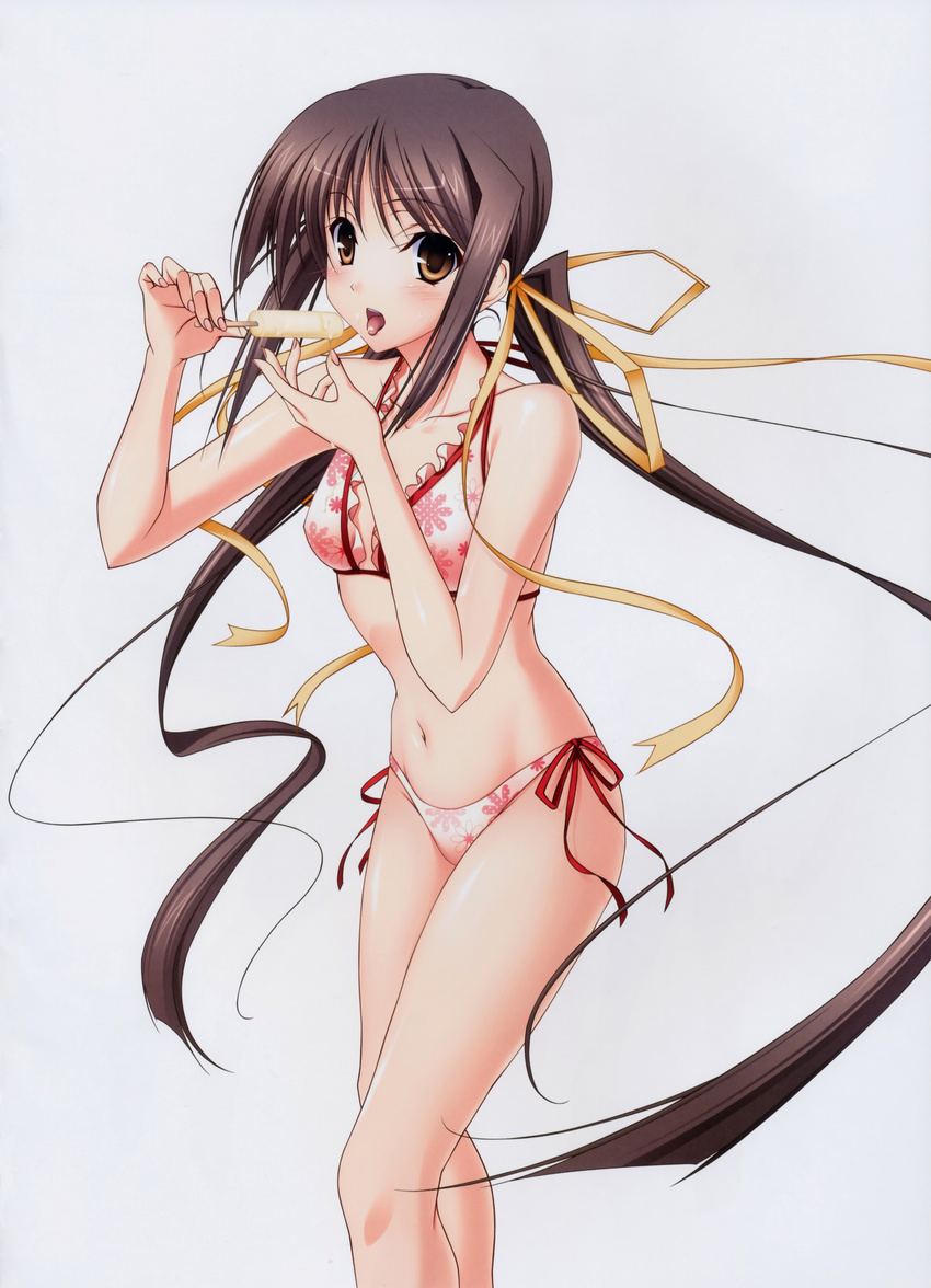 :p absurdres bikini brown_eyes brown_hair food frilled_bikini frills highres houjouin_seika komori_kei licking long_hair nail_polish pink_bikini pink_nails popsicle princess_lover solo swimsuit tongue tongue_out twintails very_long_hair