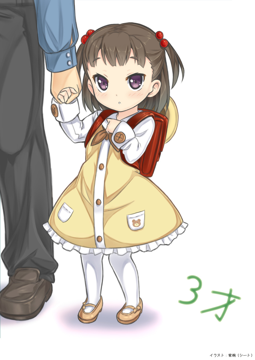 1girl absurdres backpack bag brown_hair child dress hat highres holding_hands mary_janes original pantyhose purple_eyes randoseru shitou_(1992116210) shoes short_hair short_twintails twintails