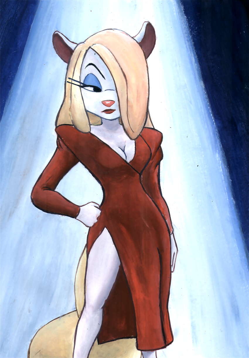 animaniacs breasts cleavage clothed clothing dress eyelashes female fur gown grim1978 hi_res lipstick looking_away mammal minerva_mink mink mouse mustelid rodent traditional_media watercolor white_fur