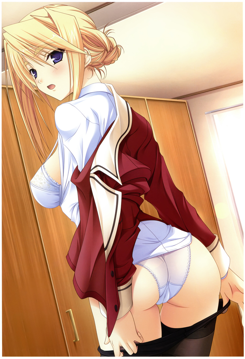 :o absurdres ass bangs black_legwear blazer blonde_hair blue_eyes blush bra breasts buttons cameltoe ceiling collared_shirt cowboy_shot dress_shirt dutch_angle eyebrows from_side hair_bun highres huge_filesize indoors jacket komori_kei lace lace-trimmed_bra lace-trimmed_panties large_breasts long_sleeves looking_at_viewer looking_back off_shoulder official_art open_clothes open_mouth open_shirt panties pantyhose pantyhose_pull princess_lover school_uniform shirt short_hair sideboob sidelocks silvia_van_hossen sleeve_cuffs solo standing strap_gap surprised thick_eyebrows thigh_gap underwear undressing white_bra white_panties white_shirt window