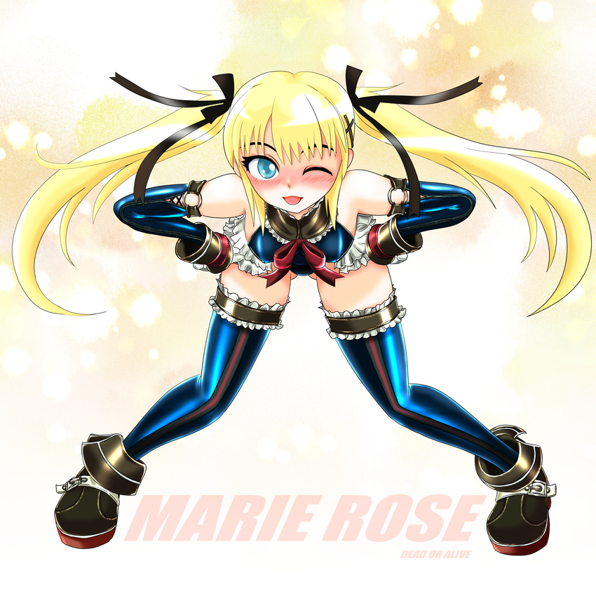 absurdres ankle_boots blonde_hair blue_eyes blue_legwear blue_leotard blush boots breasts dead_or_alive dead_or_alive_5 detached_sleeves frills full_body glove_pull hair_ribbon hands_on_hips highres leaning_forward leotard long_hair looking_at_viewer marie_rose one_eye_closed ribbon small_breasts solo thighhighs twintails xiao_rui_rui