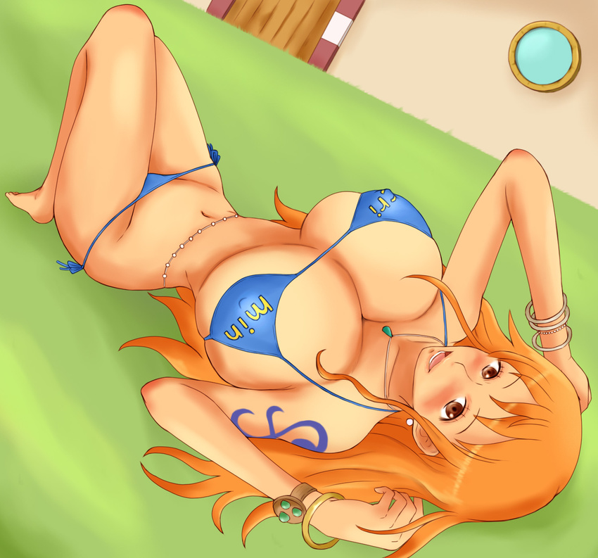 1girl bikini blush breasts brown_eyes cleavage collarbone female huge_breasts jewelry long_hair lots_of_jewelry lying momo_765 nami nami_(one_piece) navel necklace on_back one_piece orange_hair smile solo swimsuit tattoo thighs