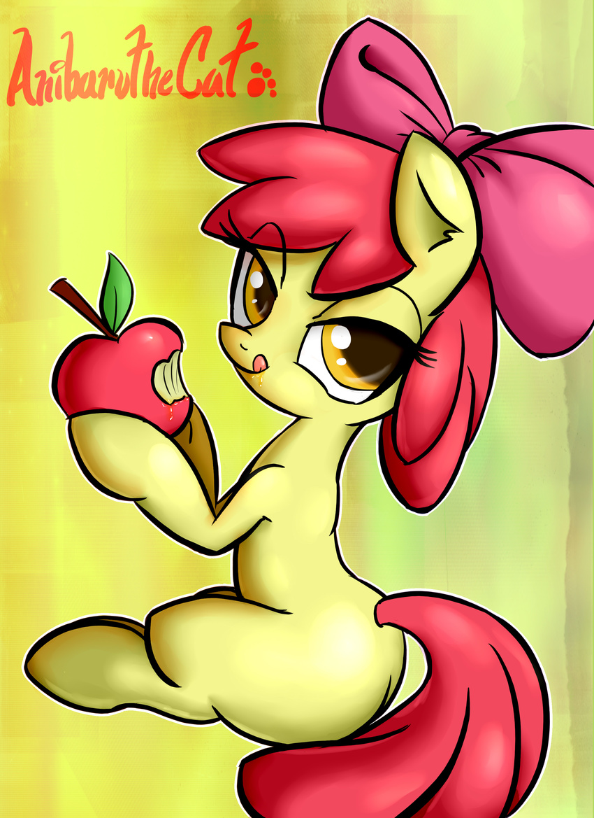 absurd_res anibaruthecat apple apple_bloom_(mlp) blue_fur bow cub equine female feral friendship_is_magic fruit fur hair hi_res holding horse looking_at_viewer mammal my_little_pony pony red_hair solo tongue young