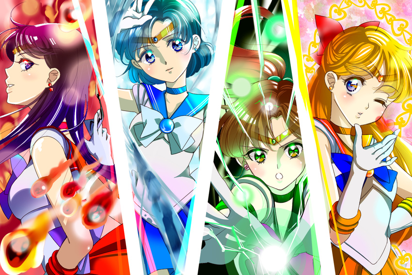 aino_minako bishoujo_senshi_sailor_moon black_hair blonde_hair blown_kiss blue_choker blue_hair blue_sailor_collar blue_skirt bow brown_hair chain choker column_lineup earrings electricity fire green_choker green_sailor_collar hair_bow half_updo hino_rei ice inner_senshi jewelry kansetuitai kino_makoto long_hair magical_girl mizuno_ami multiple_girls ofuda one_eye_closed orange_choker orange_sailor_collar orange_skirt ponytail purple_eyes red_bow red_sailor_collar red_skirt ribbon sailor_collar sailor_jupiter sailor_mars sailor_mercury sailor_senshi sailor_senshi_uniform sailor_venus short_hair skirt tiara