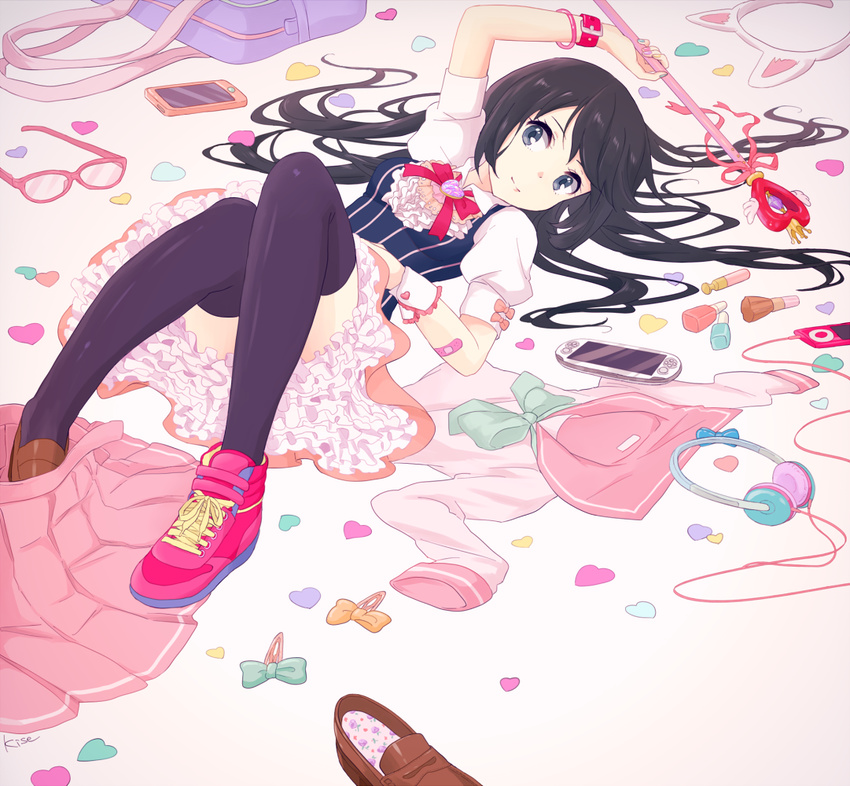 animal_ears arm_up artist_name bag bandaid black_hair black_legwear blue_eyes bow bowtie cat_ears cellphone clothes_on_floor fake_animal_ears floral_print frills full_body glasses hair_ornament hairband hairclip handheld_game_console headphones heart high_tops holding iphone kise_(swimmt) loafers long_hair lying mismatched_footwear nail_polish nail_polish_bottle on_back original phone pink-framed_eyewear playstation_vita ribbon school_bag school_uniform serafuku shirt shirt_removed shoes short_sleeves skirt smartphone smile sneakers striped striped_shirt thighhighs wand wrist_cuffs