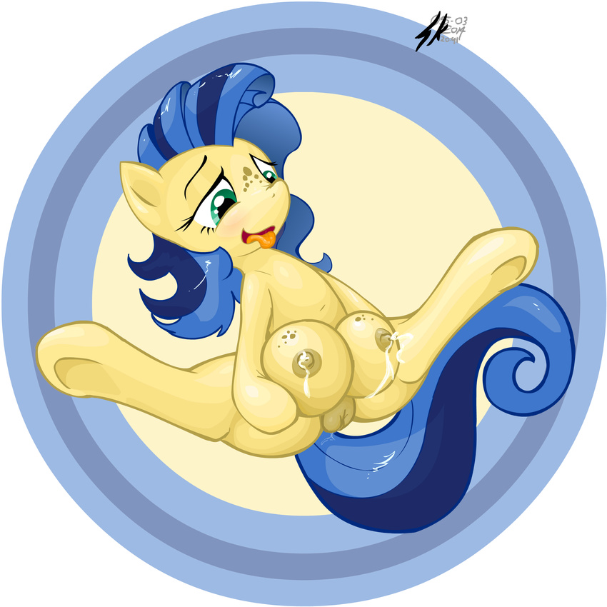 absurd_res blue_hair cutie_mark equine female feral freckles green_eyes hair hi_res hooves horse lactating mammal milk milky_way_(character) my_little_pony original_character pony pussy shinekolt solo spread_legs spreading teats tongue tongue_out two_tone_hair