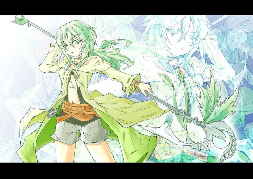 bad_id bad_pixiv_id bike_shorts caam_serenity_of_gusto collar duel_monster green_eyes green_hair highres jacket jewelry long_hair looking_at_viewer midriff navel solo staff super-saiya-0173 yuu-gi-ou