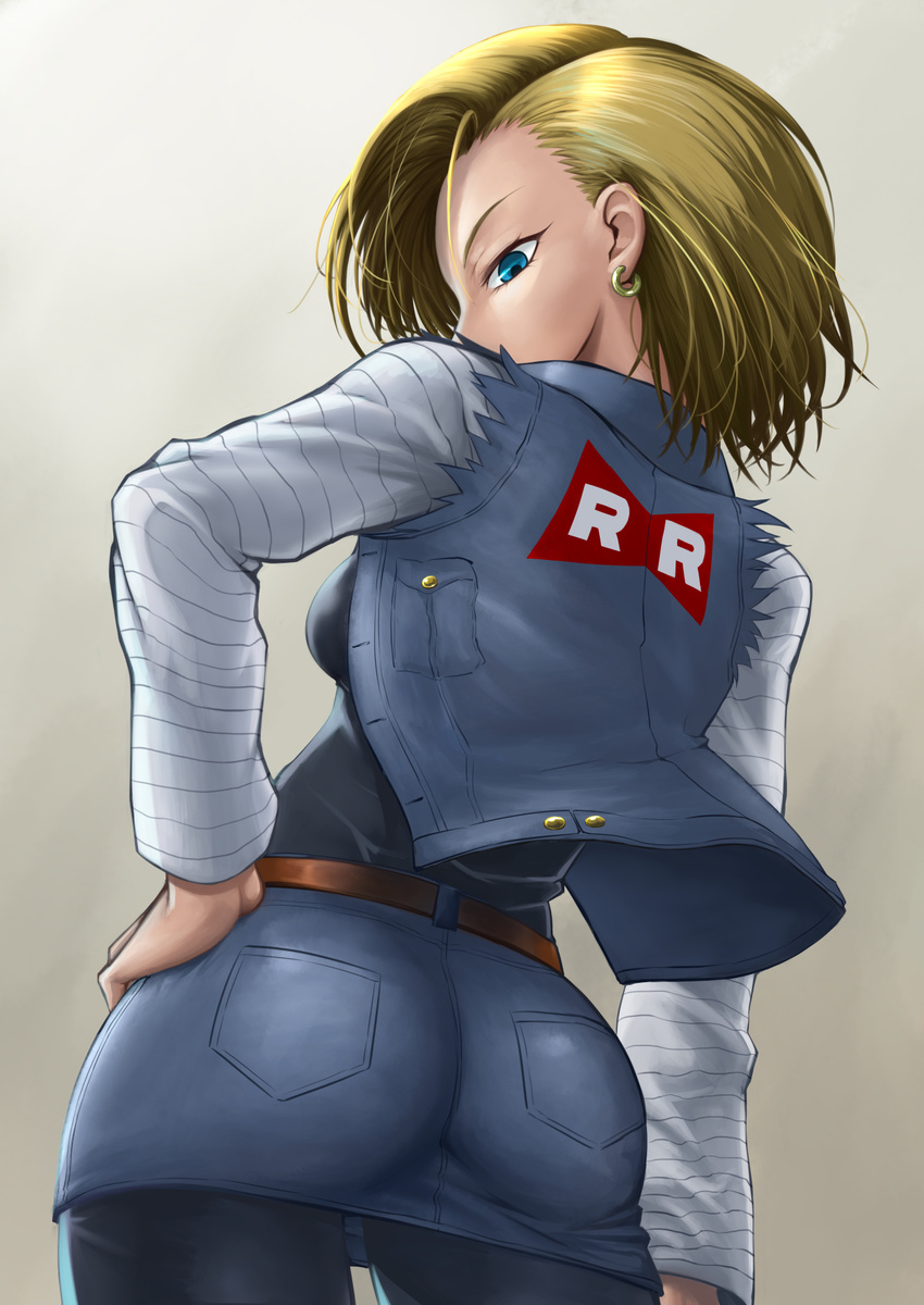 android_18 ass belt blonde_hair blue_eyes breasts denim denim_jacket denim_skirt dragon_ball dragon_ball_z earrings hand_on_hip highres jewelry looking_at_viewer looking_back medium_breasts pants pantyhose pencil_skirt short_hair sideboob skirt solo waiz_(waiz009)