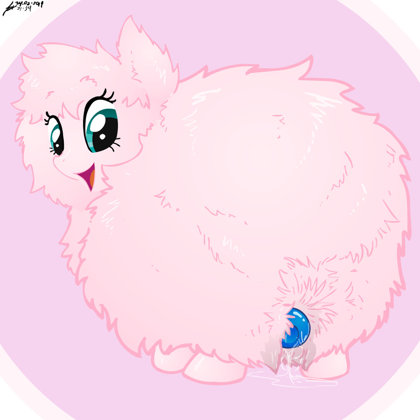 blue_eyes equine female feral fluffle_puff fluffy fur happy horse mammal my_little_pony open_mouth pink_fur pony pussy_juice sex_toy shinekolt solo standing