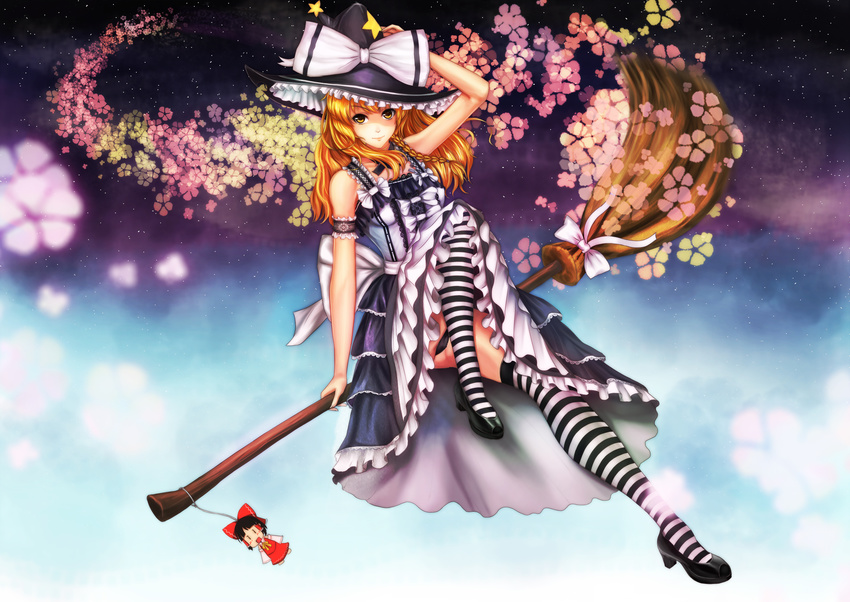 =d adapted_costume arm_garter arm_support black_hair black_panties blonde_hair bow braid broom broom_ribbon broom_riding character_doll collarbone detached_sleeves doll dress flying frilled_dress frilled_skirt frills full_body hair_tubes hakurei_reimu hand_on_headwear hat hat_bow high_heels highres kirisame_marisa lace lace-trimmed_dress lace-trimmed_skirt leg_up light_smile long_hair looking_at_viewer multiple_girls neck_ribbon open_mouth panties pantyshot pantyshot_(sitting) red_dress ribbon shoes sidesaddle single_braid sitting skirt sky sleeveless sleeveless_dress sleeves_past_wrists solo_focus star star_(sky) starry_sky string striped striped_legwear thighhighs touhou underwear upskirt wavy_hair wide_sleeves witch witch_hat yellow_eyes ytoy