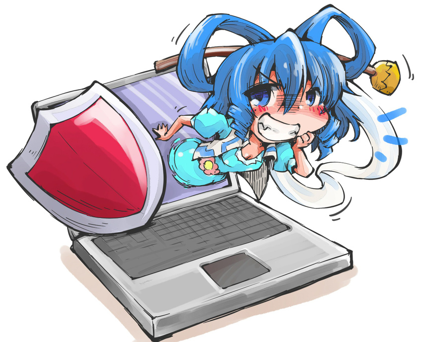 blue_dress blue_eyes blue_hair blush breasts cleavage commentary computer dress grin hair_ornament hair_rings hair_stick hand_on_own_cheek kaku_seiga laptop looking_at_viewer open_clothes open_vest shawl shield shinapuu small_breasts smile solo through_screen touhou vest