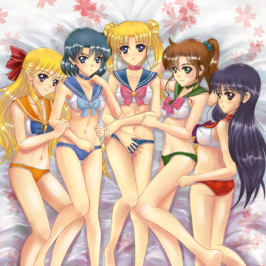 :o adapted_costume aino_minako arm_grab ass bare_legs bed_sheet bishoujo_senshi_sailor_moon black_hair blonde_hair blue_choker blue_eyes blue_hair blue_sailor_collar blush bow bra brown_hair cameltoe choker double_bun green_choker green_sailor_collar groin hair_bow half_updo halter_top halterneck highres hino_rei inner_senshi kino_makoto locked_arms long_hair looking_at_viewer lying magical_girl midriff mizuno_ami multiple_girls navel on_back on_side orange_choker orange_sailor_collar panties parted_lips pink_bow ponytail purple_eyes red_bow red_choker red_sailor_collar sailor_collar sailor_jupiter sailor_mars sailor_mercury sailor_moon sailor_moon_narikiri_bra_set sailor_senshi sailor_senshi_uniform sailor_venus sawwei005 shiny shiny_skin short_hair smile thigh_gap tsukino_usagi twintails underwear underwear_only