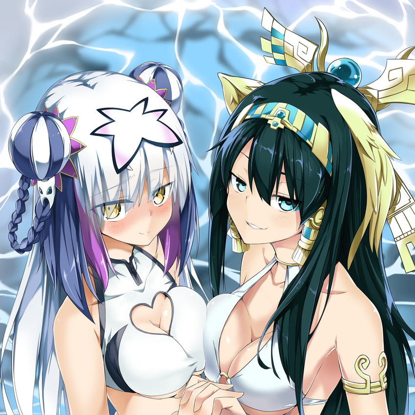 @ichigo absurdres adapted_costume armlet bare_shoulders black_hair blue_eyes blush breast_press breasts cleavage cleavage_cutout crop_top full-face_blush grin haku_(p&amp;d) heart_cutout highres holding_hands interlocked_fingers isis_(p&amp;d) long_hair looking_at_viewer medium_breasts multiple_girls o-ring o-ring_top parted_lips puzzle_&amp;_dragons shiny shiny_skin shirt smile strap_gap taut_clothes taut_shirt water white_hair yellow_eyes