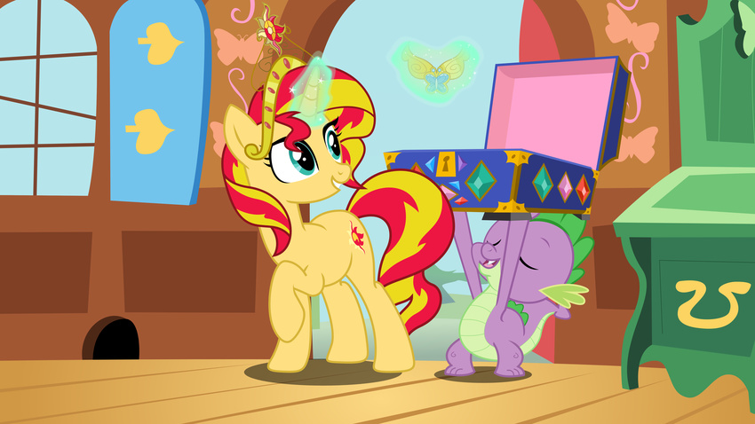 absurd_res blonde_hair blue_eyes box case crown cutie_mark draghon dragon equestria_girls equine eyes_closed fangs female feral friendship_is_magic glowing gold hair hi_res horn horse inside levitation magic male mammal mouse_hole my_little_pony necklace pony red_hair sky smile sparkles spike_(mlp) sunset_shimmer_(eg) theshadowstone two_tone_hair unicorn window