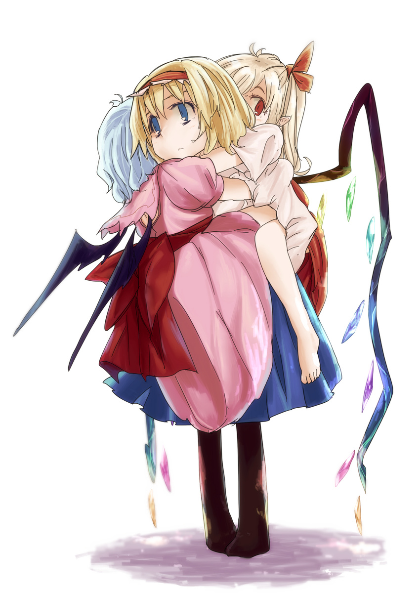 :&lt; absurdres alice_margatroid barefoot bat_wings blonde_hair blue_hair bow capelet carrying dress facing_away flandre_scarlet from_behind frown hair_bow hairband highres hug hug_from_behind lolita_hairband long_sleeves multiple_girls no_hat no_headwear no_shoes pantyhose piggyback puffy_short_sleeves puffy_sleeves red_eyes remilia_scarlet short_hair short_sleeves side_ponytail simple_background skirt skirt_set touhou waira white_background wings