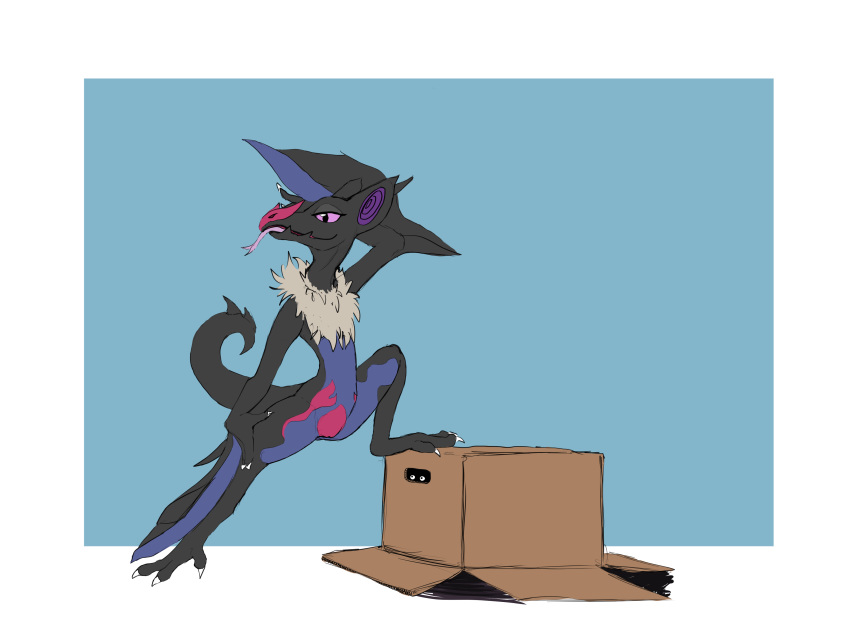 anthro box digital_drawing_(artwork) digital_media_(artwork) female flat_chested hybrid looking_at_viewer neck_fur nintendo noivern nude open_mouth pink_sclera pok&eacute;mon pok&eacute;mon_(species) pussy reptile salazzle scalie simple_background smile spreading tongue video_games watched wide_hips wings