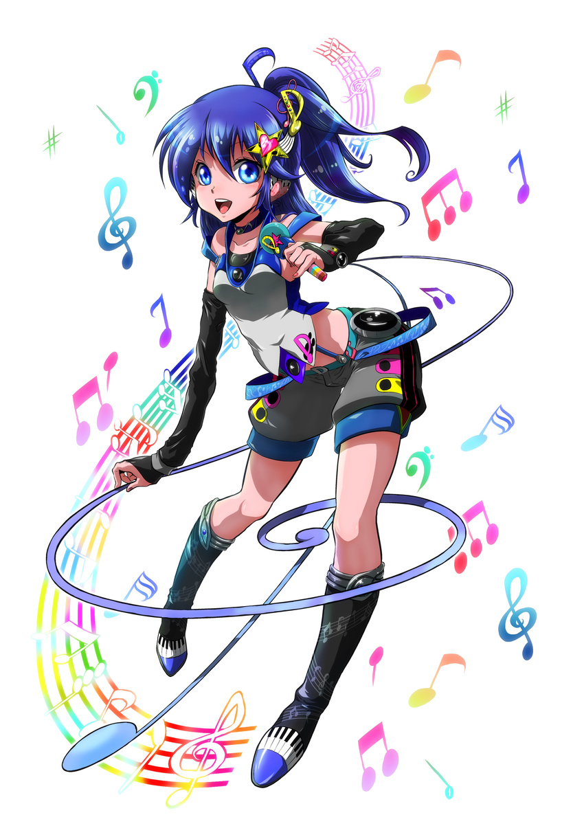 absurdres bad_id bad_pixiv_id bass_clef beamed_eighth_notes blue_eyes blue_hair boots breasts bridal_gauntlets choker detached_sleeves eighth_note half_note headphones heart highres idol knee_boots long_hair marimo_(yousei_ranbu) musical_note musical_note_hair_ornament nail_polish open_mouth original pinky_out ponytail quarter_note sharp_sign shorts small_breasts solo staff_(music) suspenders thirty-second_note treble_clef