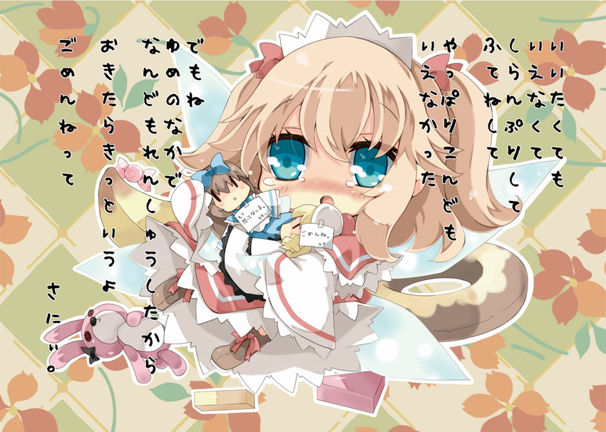 :o :x blonde_hair blue_eyes blush bow bunny character_doll commentary dress drill_hair fairy_wings fang floral_background full_body hair_bow long_sleeves looking_at_viewer luna_child milkpanda parted_lips sidelocks solo star_sapphire sunny_milk tears text_focus touhou translation_request twintails white_dress wings