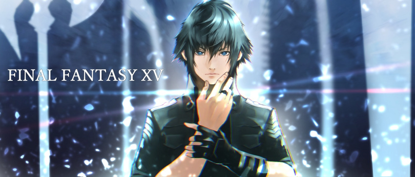 1boy 55level bangs black_hair black_jacket blue_eyes closed_mouth final_fantasy final_fantasy_xv fingerless_gloves gloves hair_between_eyes holding_own_wrist jacket jewelry looking_at_viewer male_focus noctis_lucis_caelum ring short_sleeves single_glove