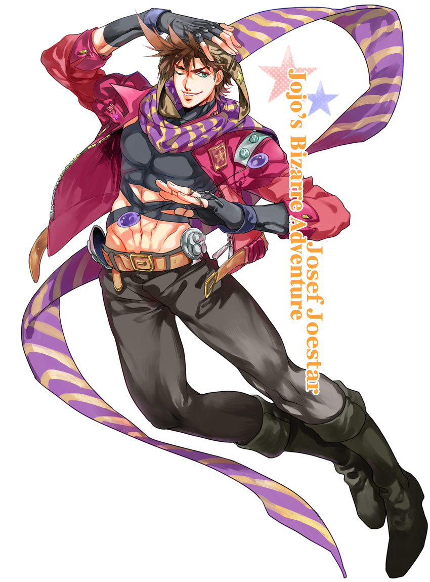 abs bola_(weapon) brown_hair fingerless_gloves gloves green_eyes hat highres idachi jacket jojo_no_kimyou_na_bouken joseph_joestar_(young) male_focus midriff one_eye_closed red_jacket scarf solo striped striped_scarf