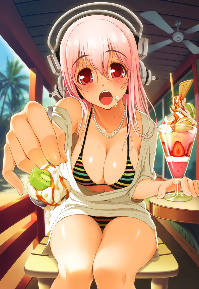 1girl absurdres bare_shoulders bikini bird blush breasts cleavage collarbone feeding food food_on_face foreshortening headphones highres jewelry kiwi kiwifruit multicolored_bikini navel necklace nitroplus off_shoulder open_mouth outstretched_hand palm_tree parfait perspective pink_hair pov pov_feeding red_eyes sitting solo spoon striped striped_bikini striped_swimsuit super_sonico swimsuit tree tsuji_santa