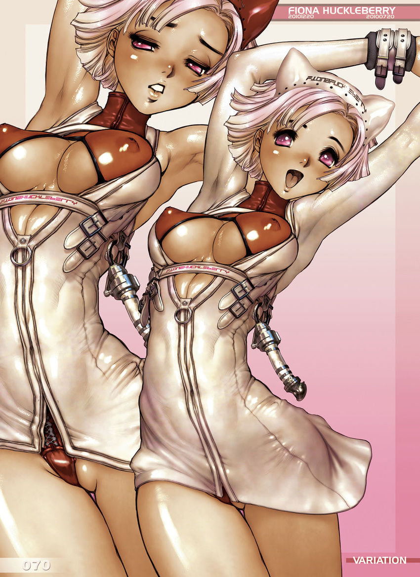 breasts clone covered_nipples fiona_huckleberry greaseberries headdress highres large_breasts lips looking_at_viewer open_mouth pink_eyes shirou_masamune short_hair smile solo white_hair