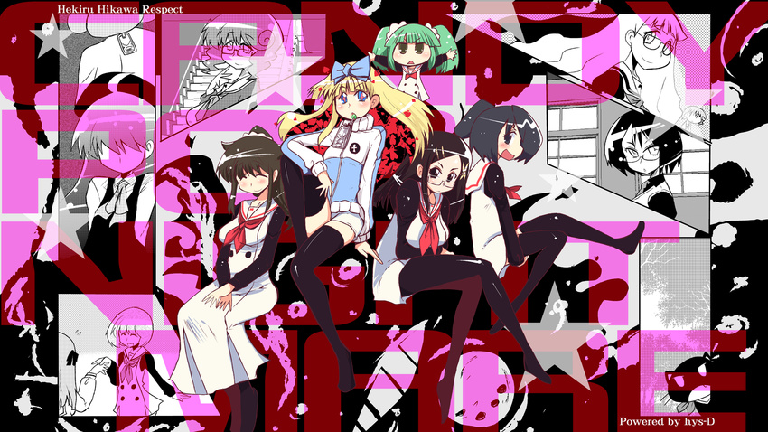 arms_up black_legwear blonde_hair blush bow breasts brown_hair candy_pop_nightmare character_request chibi closed_eyes copyright_name glasses green_hair hair_bow hands_on_lap highres himekawa_makina hys-d kokonoe_alice long_hair looking_at_viewer medium_breasts multiple_girls open_mouth pantyhose short_hair smile thighhighs