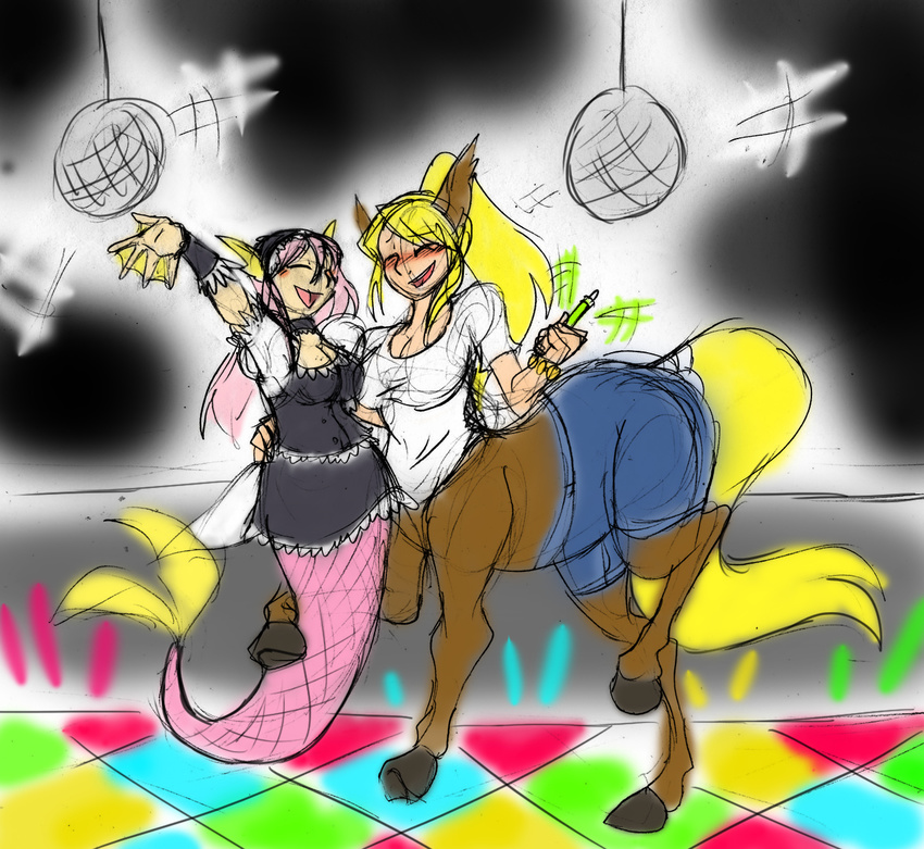 animal_ears blonde_hair blush bottomless breasts centaur centorea_shianus choker cleavage closed_eyes dancing disco_ball glowstick gothic_lolita head_fins headdress hooves horse_ears lolita_fashion long_hair mermaid meroune_lorelei monster_girl monster_musume_no_iru_nichijou multiple_girls nat-nat pink_hair ponytail scales shorts smile tail webbed_hands