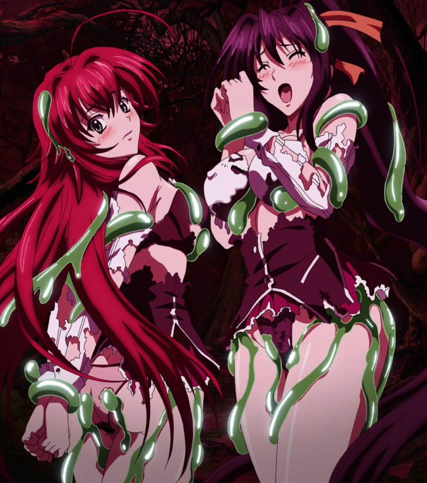 2girls ahoge arms_behind_back ass bangs bare_shoulders bdsm black_hair blue_eyes blush bondage bound bound_wrists bra breasts erect_nipples eyes_closed hair_between_eyes hair_ribbon high_school_dxd highres himejima_akeno indoors large_breasts long_hair looking_at_viewer looking_back multiple_girls open_mouth panties ponytail red_hair rias_gremory ribbon school_uniform screaming screencap shiny shiny_skin skirt slime standing stitched thighs torn_clothes torn_skirt underwear uniform very_long_hair