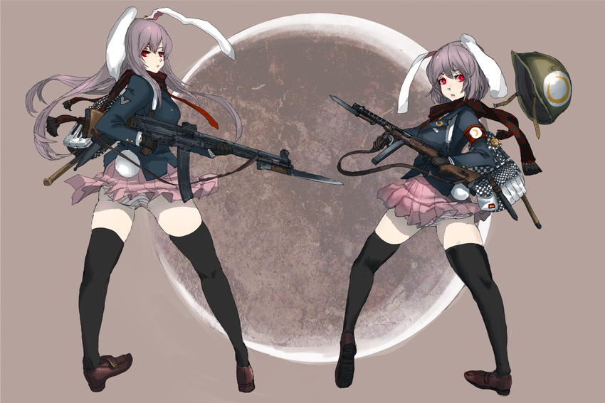 animal_ears assault_rifle bayonet black_gloves bunny_ears bunny_tail from_behind full_moon gloves gun helmet highres long_hair looking_at_viewer looking_back mab_38 moon multiple_girls necktie panties pantyshot panzer plaid plaid_scarf purple_hair red_eyes reisen reisen_udongein_inaba rifle scarf short_hair skindentation stg44 striped submachine_gun tail thighhighs touhou underwear weapon