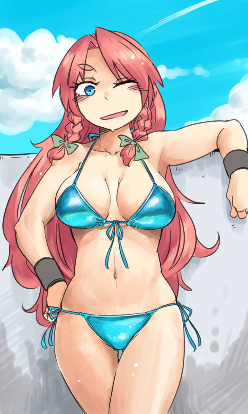 against_wall alternate_costume aqua_bikini aqua_eyes bikini blush braid breasts breasts_apart cloud cloudy_sky crossed_legs day eyebrows front-tie_top green_ribbon hand_on_hip highres hong_meiling large_breasts long_hair looking_at_viewer navel one_eye_closed ponke red_hair ribbon shiny shiny_skin side-tie_bikini sky smile solo standing stomach stone_wall sweatdrop swimsuit thigh_gap touhou twin_braids wall wavy_hair