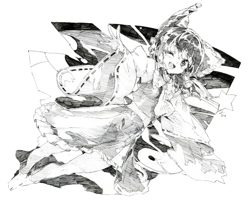 armpits ascot bow colored_pencil_(medium) detached_sleeves graphite_(medium) greyscale hair_bow hair_tubes hakurei_reimu highres long_sleeves looking_at_viewer monochrome one_eye_closed open_mouth oshake outstretched_arm shirt skirt skirt_set smile solo star touhou traditional_media wide_sleeves yin_yang