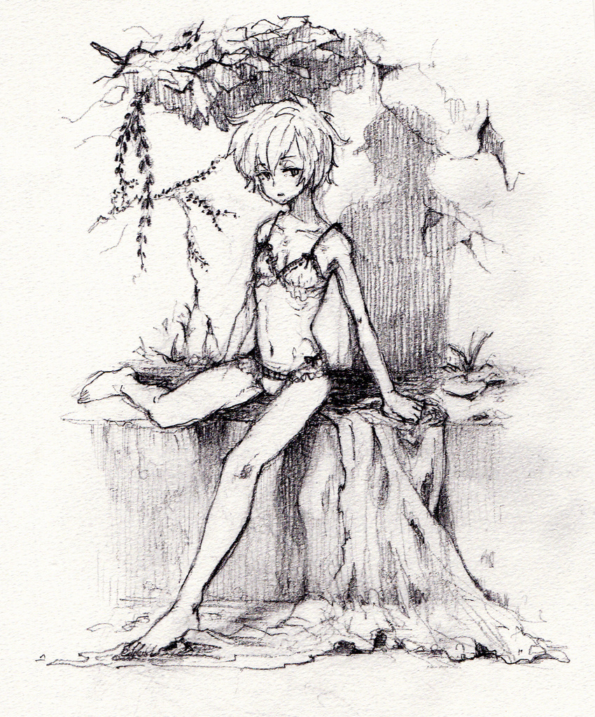 1girl arm_support bra collarbone full_body garactor_aduki graphite_(medium) highres looking_at_viewer plant sabitsuki short_hair sitting skinny solo traditional_media underwear underwear_only wall