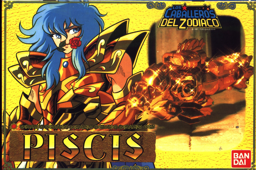 armor blue_eyes blue_hair cover elbow_gloves figure flower gauntlets gloves jewelry lips long_hair male_focus mouth_hold official_art pisces_aphrodite rose saint_seiya scan shiny shiny_clothes solo spanish