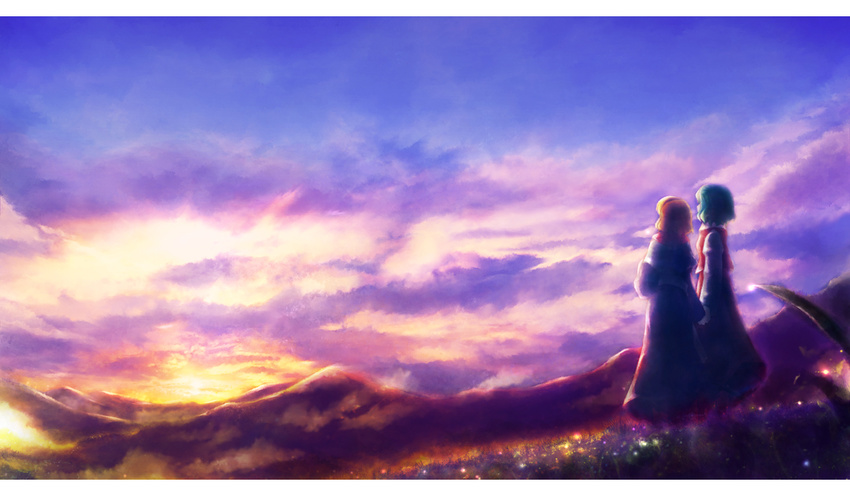 alice_margatroid aqua_hair backlighting bad_id bad_pixiv_id blonde_hair cloud field flower flower_field from_behind kazami_yuuka landscape mountain multiple_girls scenery short_hair sky touhou ukihashi_kei