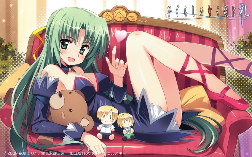 2009 angel_mort character_doll green_eyes green_hair half_updo highres higurashi_no_naku_koro_ni houjou_satoko houjou_satoshi long_hair sikorsky solo sonozaki_shion stuffed_animal stuffed_toy teddy_bear waitress wallpaper