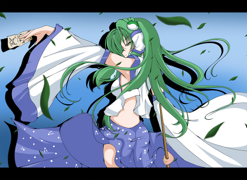 bare_shoulders detached_sleeves floating_hair frog_hair_ornament from_behind green_eyes green_hair hair_ornament hair_tubes japanese_clothes kochiya_sanae leaf letterboxed long_hair long_sleeves looking_back nontraditional_miko outstretched_arm shirosuzu solo standing touhou very_long_hair wind