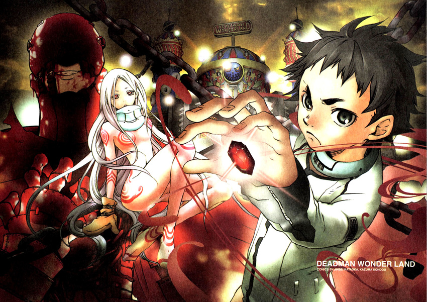 1girl black_eyes blood bodysuit deadman_wonderland highres igarashi_ganta kondou_kazuma long_hair official_art red_eyes shiro_(deadman_wonderland) white_hair wretched_egg