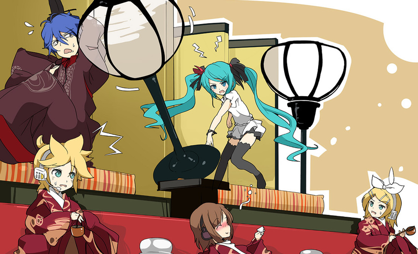 3girls angry aqua_hair blush drunk hat hatsune_miku hina_ningyou ixy japanese_clothes kagamine_len kagamine_rin kaito kimono meiko multiple_boys multiple_girls surprised sweatdrop tantrum tate_eboshi tears thighhighs twintails vocaloid world_is_mine_(vocaloid) zettai_ryouiki