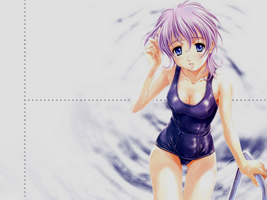 adjusting_hair blue_eyes blush breasts cleavage head_tilt highres large_breasts leni_milchstrasse looking_at_viewer maruto! one-piece_swimsuit parted_lips pink_hair pool pool_ladder purple_hair purple_school_swimsuit sakura_taisen sakura_taisen_ii school_swimsuit shiny shiny_clothes short_hair solo swimsuit thigh_gap wallpaper water wet