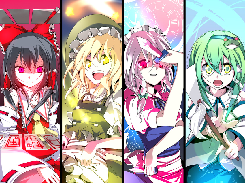 bad_id bad_pixiv_id black_hair blonde_hair bow braid column_lineup fighting_stance frog glowing glowing_eyes gradient_hair green_eyes green_hair hair_bow hair_ornament hairclip hakurei_reimu highres izayoi_sakuya kirisame_marisa knife kochiya_sanae multicolored_hair multiple_girls ofuda oouso red_eyes slit_pupils star touhou white_hair yellow_eyes