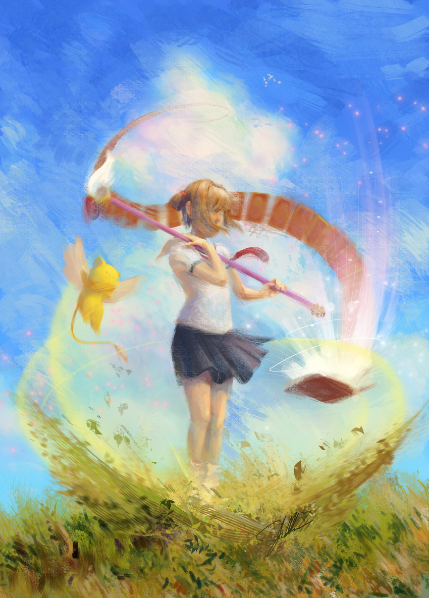 absurdres book brown_hair cardcaptor_sakura clow_card fuuin_no_tsue highres jalbhenn kero kinomoto_sakura magical_girl school_uniform short_hair staff tomoeda_elementary_school_uniform