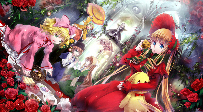 cup flower food heterochromia hina_ichigo kanaria multiple_girls ranyun red_rose rose rozen_maiden shinku souseiseki suigintou suiseiseki teacup teapot