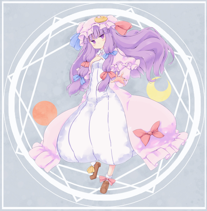 book coat coo crescent dress frame hair_ribbon hat highres long_hair long_sleeves looking_at_viewer magic_circle open_clothes open_coat patchouli_knowledge purple_eyes purple_hair ribbon solo striped striped_dress touhou tress_ribbon very_long_hair white_dress