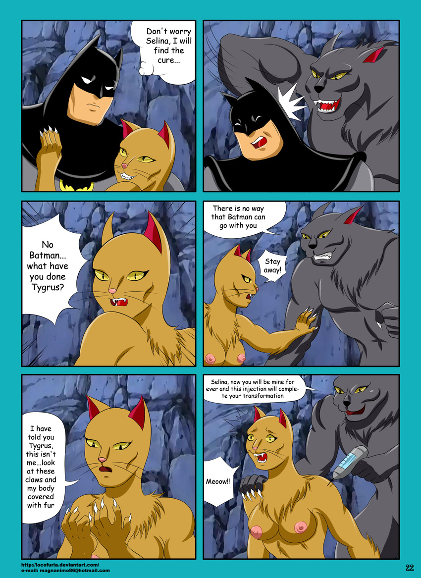 anthro anthrofied batman batman_(series) black_fur blonde_hair blue_borders breasts catwoman chest_tuft comic dialog english_text feline female fur grin hair hi_res human injection locofuria male mammal pia-sama plain_background selina_kyle_(character) text thought_bubble topless tuft tygrus_(character)