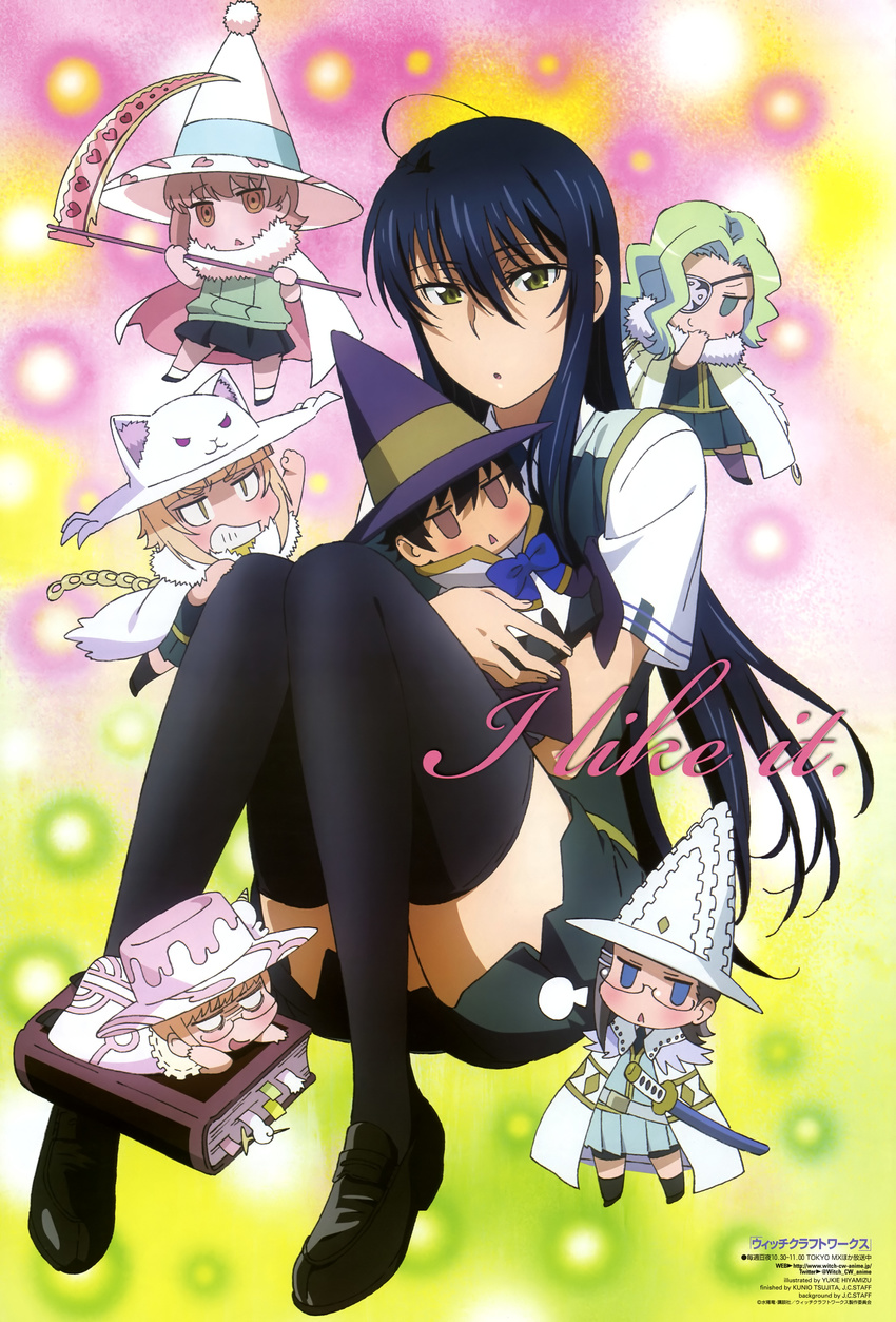 6+girls absurdres black_hair blue_hair book chibi eyepatch glasses highres hiyamizu_yukie kagari_ayaka katsura_kotetsu kazari_rin kuraishi_tanpopo long_legs menowa_mei multiple_girls newtype official_art scan sword takamiya_honoka thighhighs utsugi_kanna weapon witch_craft_works