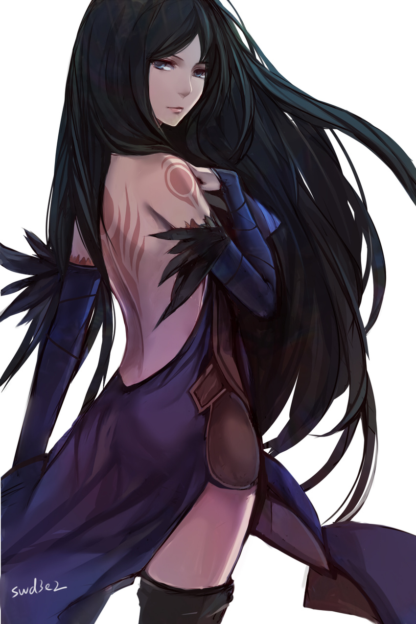 artist_name backless_outfit bad_id bad_pixiv_id bare_back black_hair black_legwear blue_eyes bridal_gauntlets castlevania castlevania:_order_of_ecclesia dress elbow_gloves gloves hand_on_own_chest highres lips long_hair looking_back shanoa solo standing swd3e2 tattoo thighhighs very_long_hair