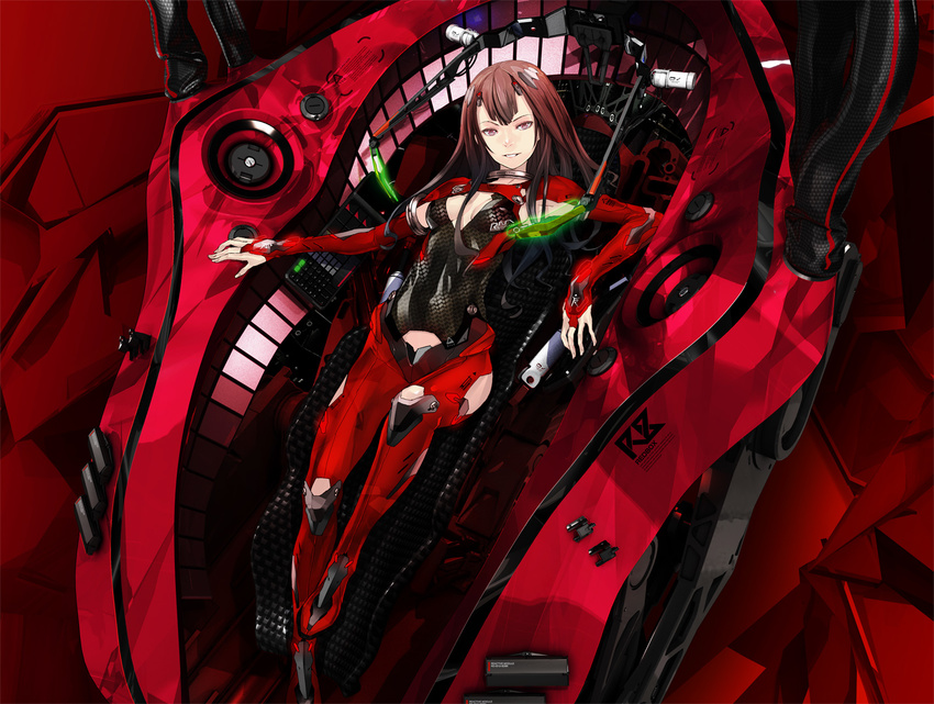 armlet armor bangs breasts bridal_gauntlets brown_eyes brown_hair cleavage cleavage_cutout cockpit dutch_angle from_above full_body gradient_hair grey_hair grin groin headgear highres jewelry long_hair looking_at_viewer lying mecha multicolored_hair neck_ring neon_trim on_back original redjuice revision small_breasts smile solo