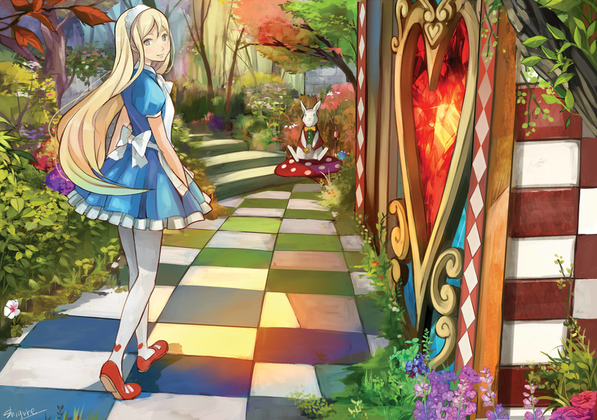 alice_(wonderland) alice_in_wonderland blonde_hair blue_eyes checkered checkered_floor commentary_request dress from_behind highres long_hair looking_at_viewer looking_back mushroom pantyhose shigureteki white_legwear white_rabbit